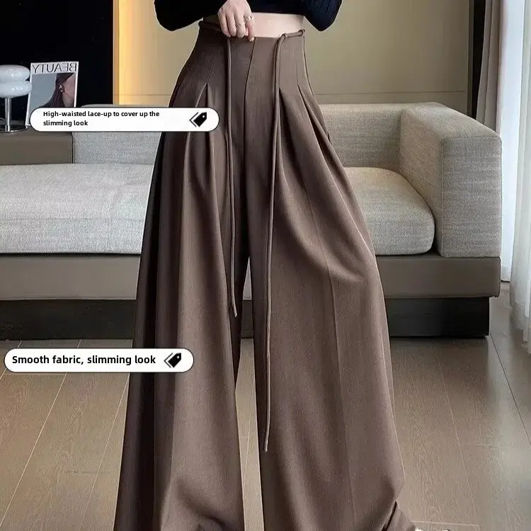 Design Sensibility Women's Casual Trousers Grey High-Waist Draped Wide-Leg Ultra-Loose Fit Floor-Length Trousers Autumn