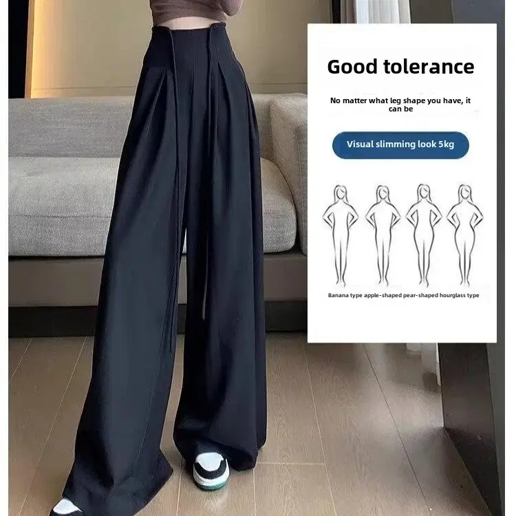 Design Sensibility Women's Casual Trousers Grey High-Waist Draped Wide-Leg Ultra-Loose Fit Floor-Length Trousers Autumn