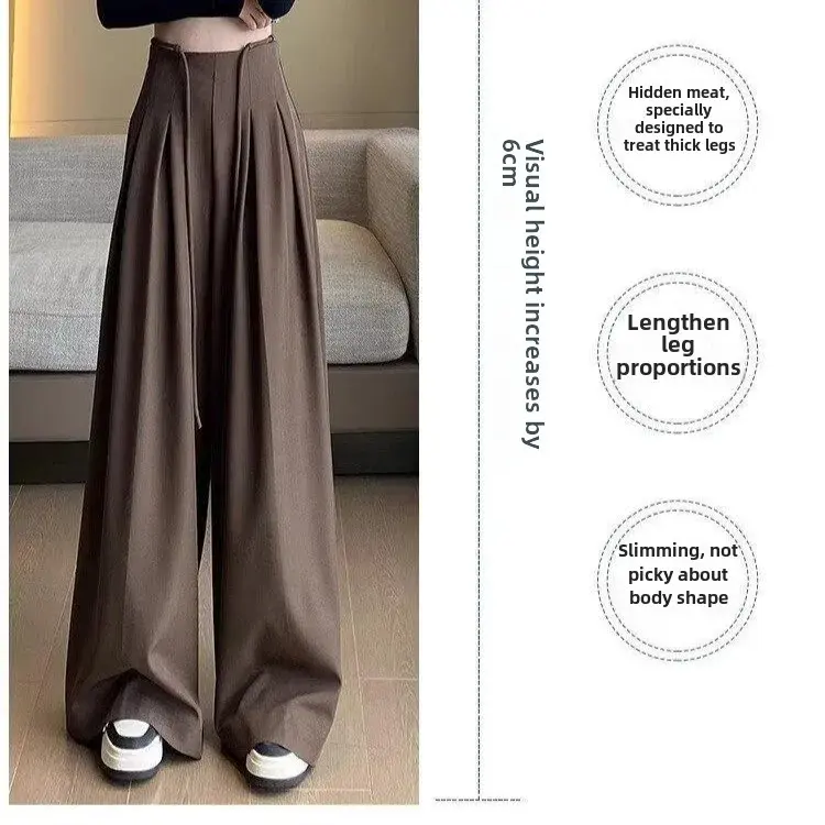 Design Sensibility Women's Casual Trousers Grey High-Waist Draped Wide-Leg Ultra-Loose Fit Floor-Length Trousers Autumn