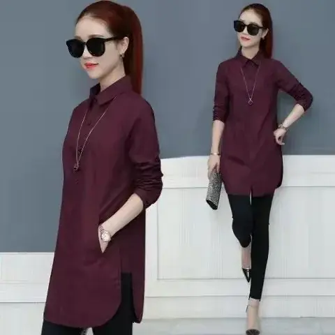 New Mid-Length Polo Collar Long Sleeve Women's Shirt Slim Fit Base Layer Multi-Buckled Versatile Bottoming Top with Pocket
