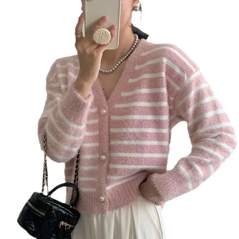 Soft Knitted Open Cardigan Women's Loose Muffat Velvet Sweater Jacket V-neck Other Patterns Origin China Autumn New Style