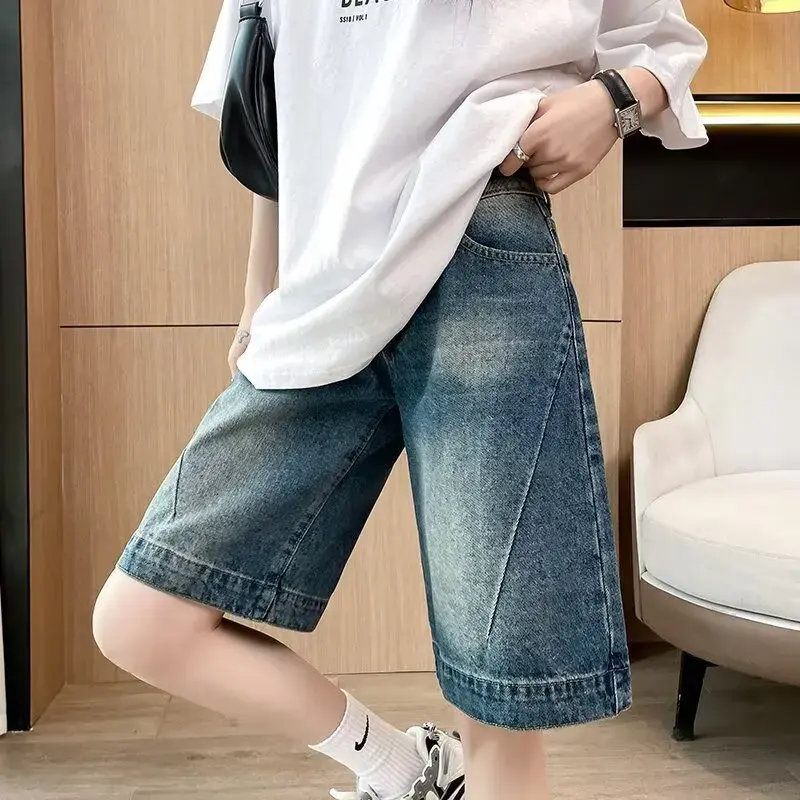 High Waist Wide Leg Vintage Distressed Loose Fit Short Jeans Women's Summer Denim Patchwork Design Straight Cut Trousers