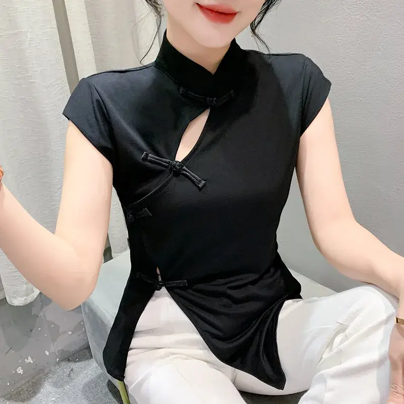 New Chinese Style T-Shirt Women's Summer Short Sleeve Irregular Button Unique Attractive Small Shirt Fashionable Casual Top