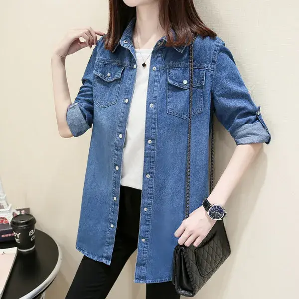2024 Spring And Autumn New Denim Shirt Women's Long Sleeve Preppy Style Slimming Korean Version Versatile Top For All Seasons