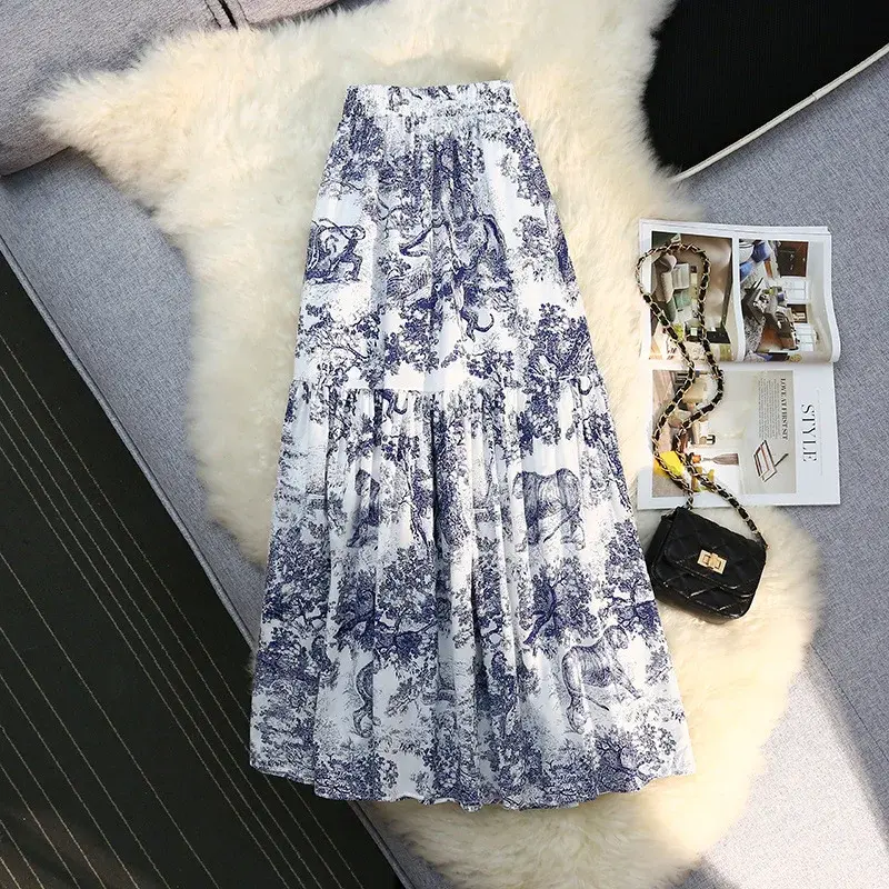 High Waist Dyed A- Line Skirt Fashionable Summertime Water-Media Print Midi-Length Long Skirts for Women Simple Solid Color