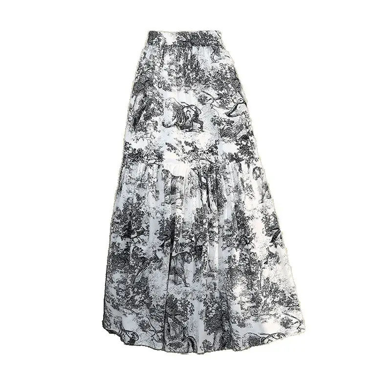 High Waist Dyed A- Line Skirt Fashionable Summertime Water-Media Print Midi-Length Long Skirts for Women Simple Solid Color