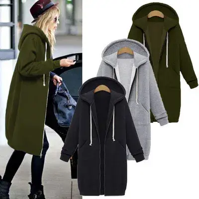 Autumn/Winter Women's Hooded Long Sleeve Medium-Length Sweatshirt Fleece Jacket Blue White Zipper-Up Chain Link Large Size