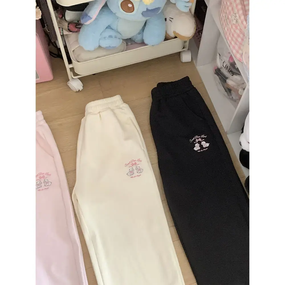 Cute Embroidered Fleece Lined Sporty Casual Straight Leg Pants Women's Autumn Winter Thickened Loose Fit Sweatpants