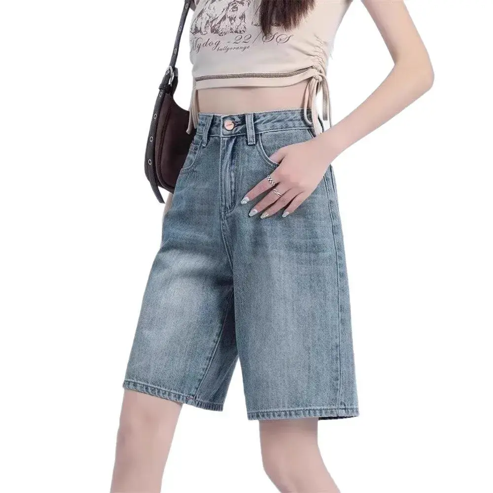 Fashionable Minimalist High Waist Five-Point Denim Shorts Women Summer Thin New Arrival Straight Leg Wide Leg Mid-Length Pants