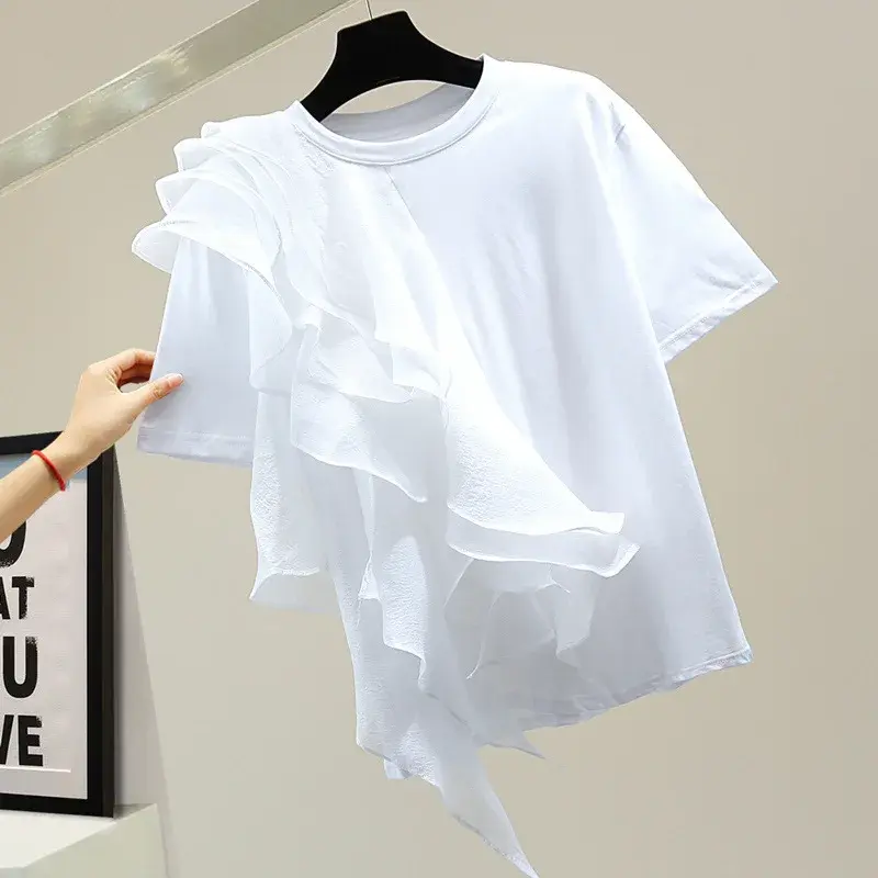 Casual Short Sleeve T-Shirt Women's Loose Fit Versatile Top Korean Brand New Style Ruffles Edge Splicing Trendy Streetwear