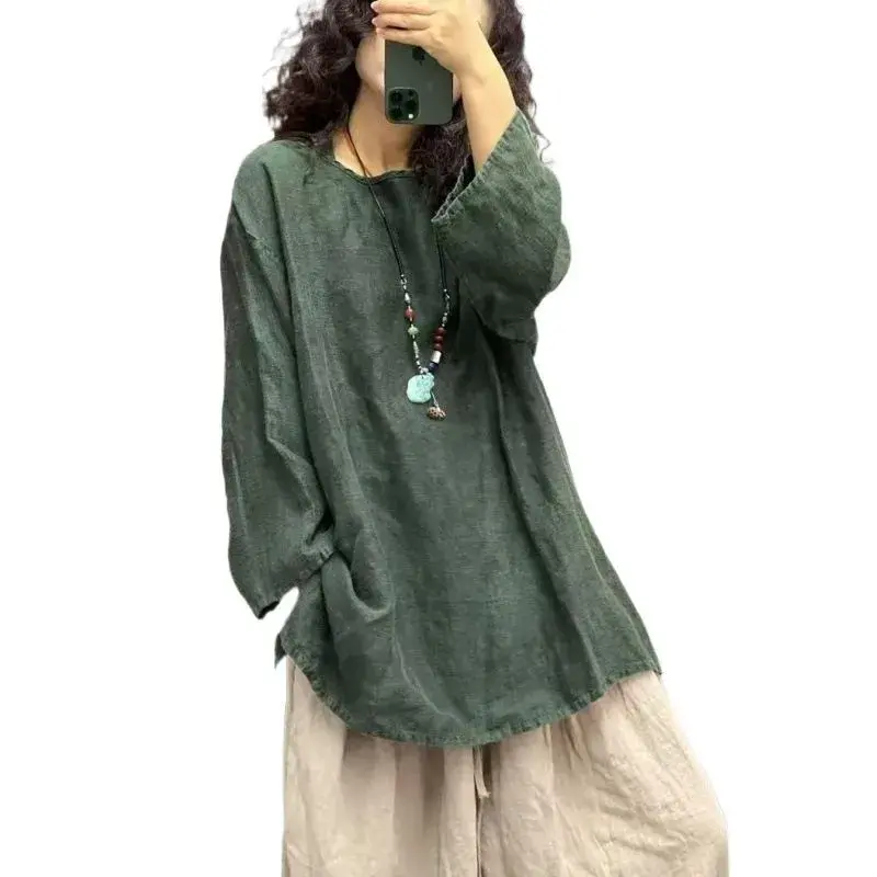 Casual Cotton Linen Women's Top Artistic Versatile Spring Summer New Arrival Crew Neck T-shirt Comfortable Breathable Female Gar