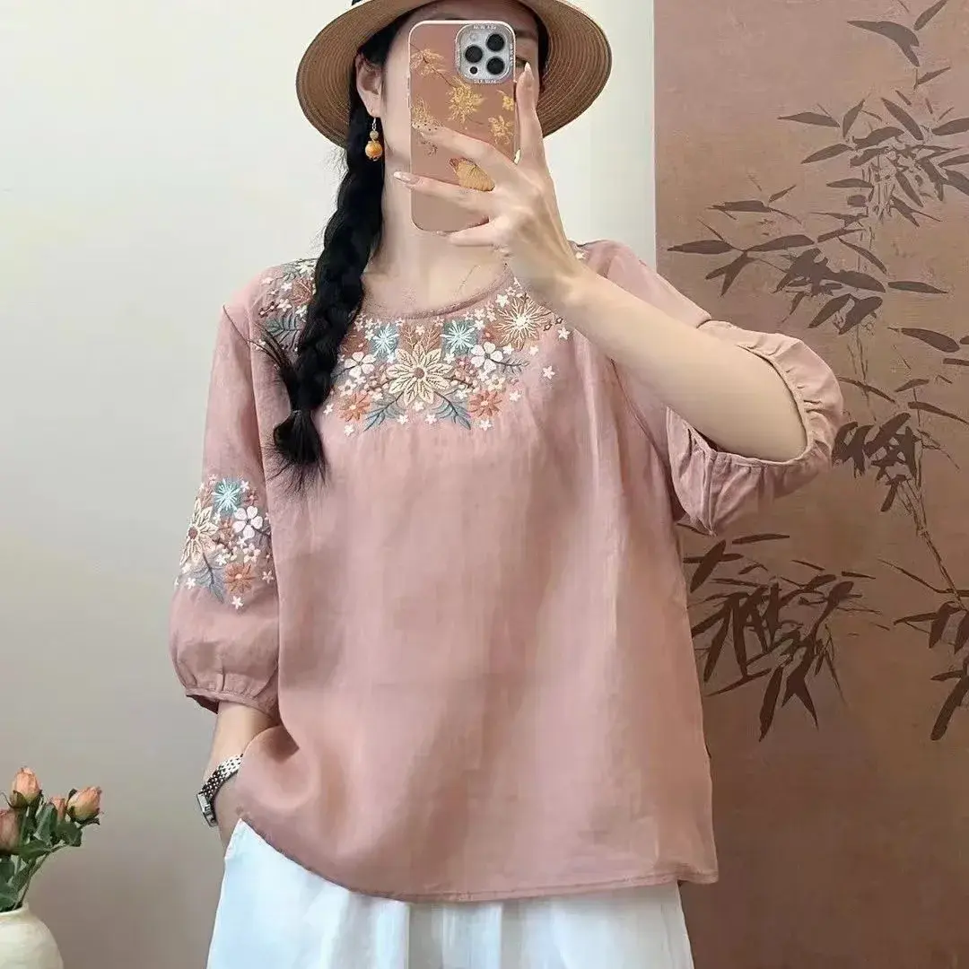 Loose Cotton Linen Embroidered Heavy Work Summer Shirt Women's Crew Neck Short Sleeve Top Slimming Effectiveness