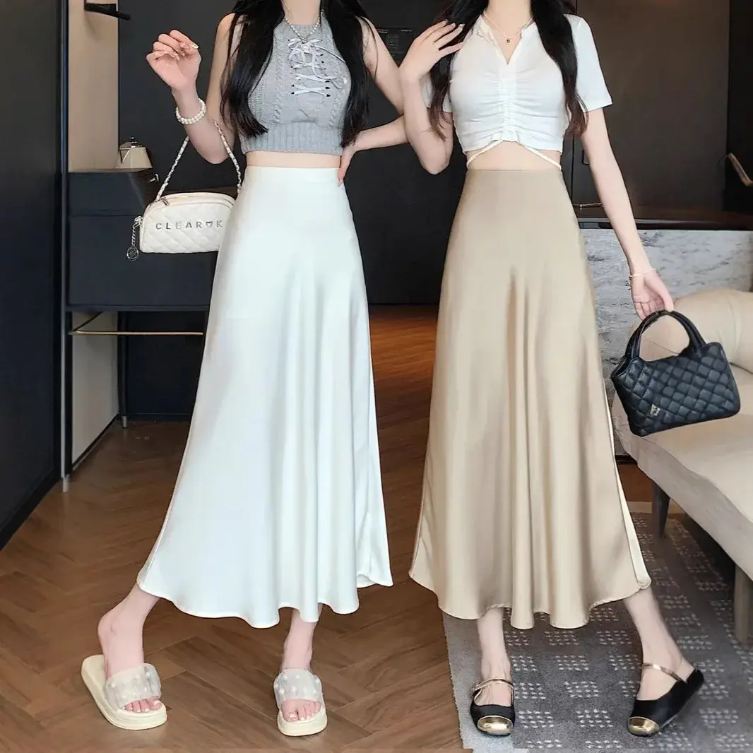 French Acetate Satin Fish Tail Half Skirt Women's High Waist Slimming Drapey A- Line Long Skirt Summer New Style Bodycon Dress