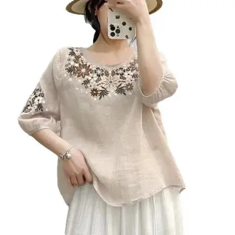 Loose Cotton Linen Embroidered Heavy Work Summer Shirt Women's Crew Neck Short Sleeve Top Slimming Effectiveness