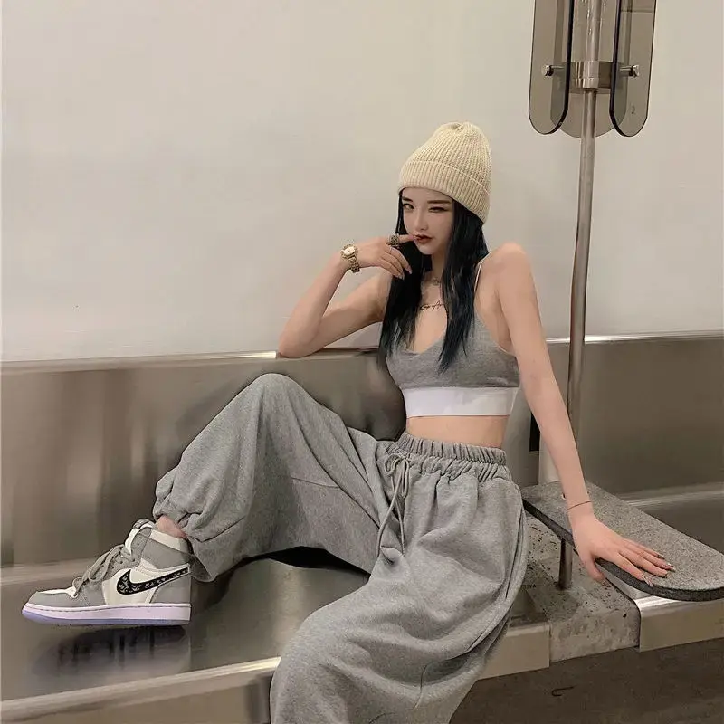 2023 Casual White Sweatpants Loose Fit Lightweight Jazz Dance Bloomers Spicy Girl Style Solid Color Casual Pants