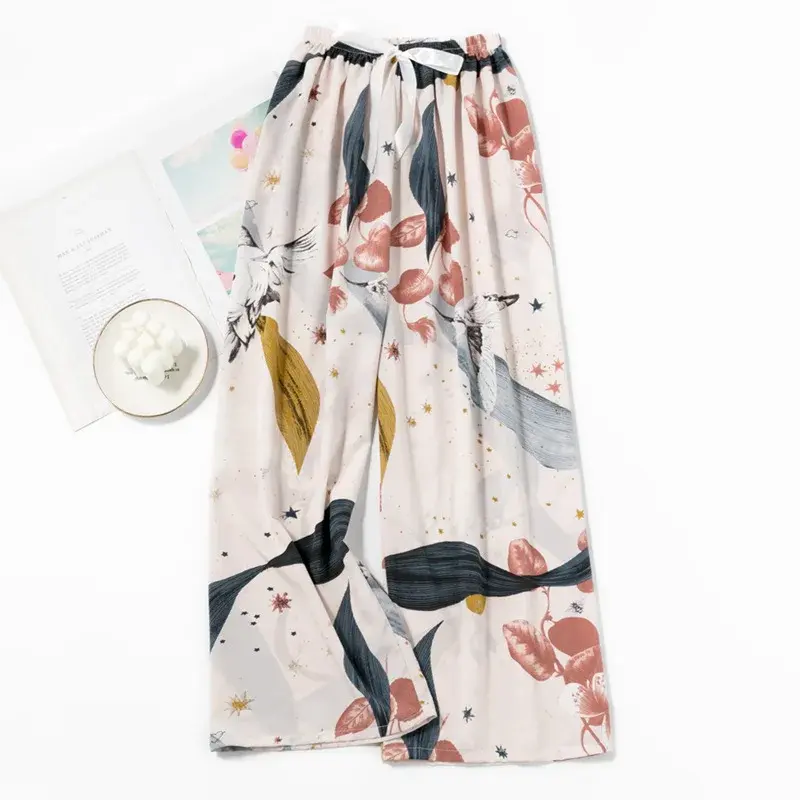 Spring Summer New Style Women's Cotton Silk Sleepwear Loose Wide Leg Pants Comfortable Thin Large Size Long Trousers