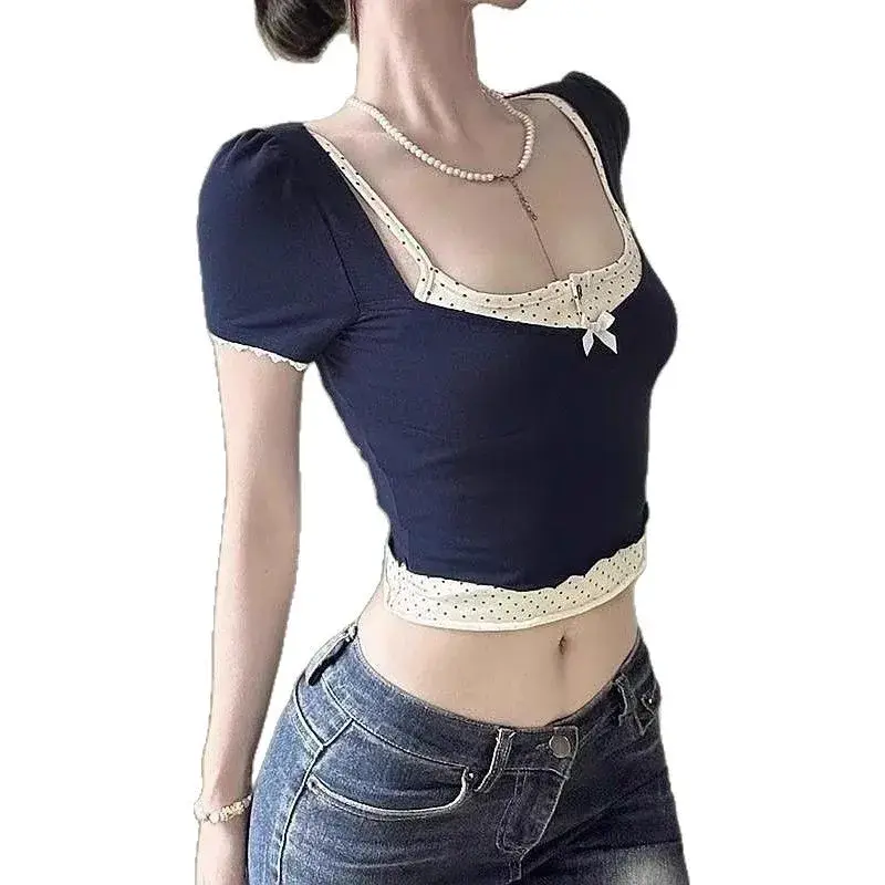 French Knot Bubble Short Sleeve Slim Fit Square Collar Two Piece Set Summer Hot Girl Top Butterfly Knot Polyester Fiber Tshirt