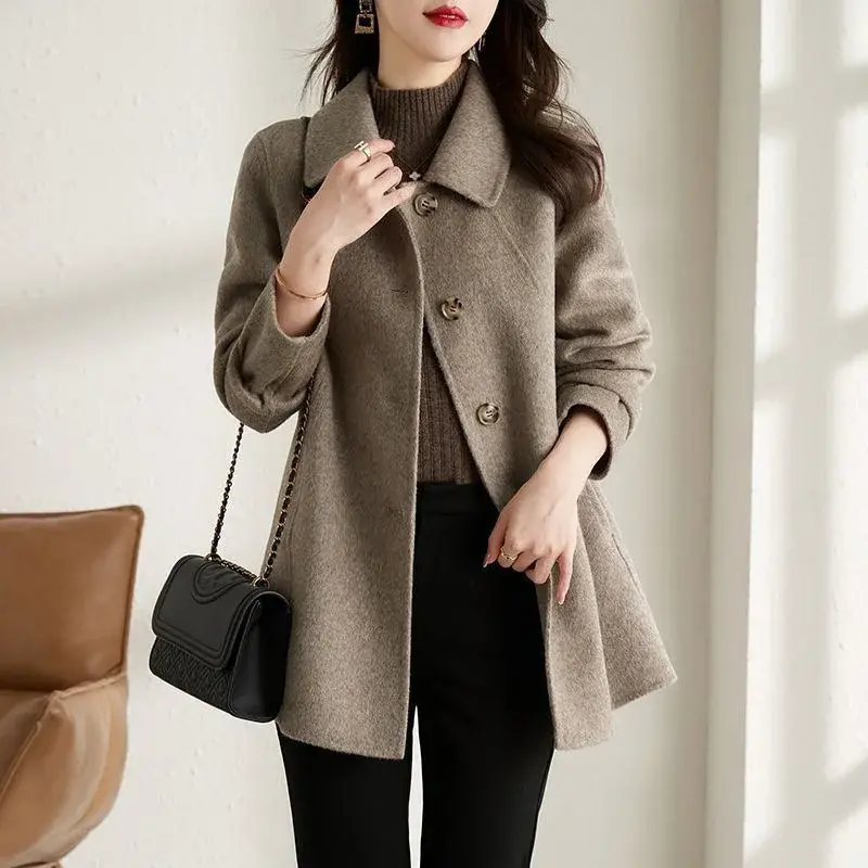 Plus Size Women's Woolen Coat Slim Fit Long Mid-Length Turn-down Collar Small Size Outerwear Autumn Winter Fashion Casual Top