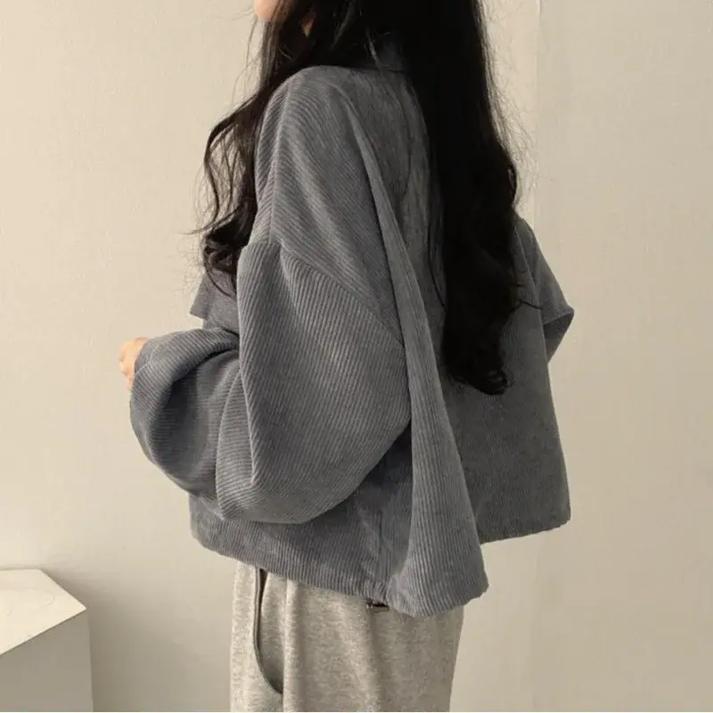 Korean Dongdaemun Style Women's Long Sleeve Corduroy Jacket Chic Vintage Lapel Cropped Cardigan Trendy Autumn Fashion