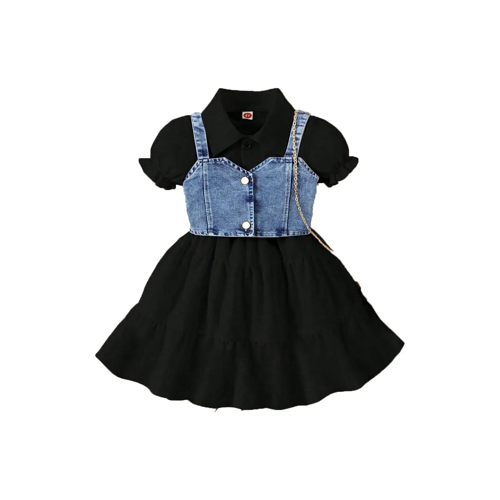 Trendy Summer Children's Clothing Set Puff Sleeve Dress Denim Tank Top For Girls Infant To Junior Age Range