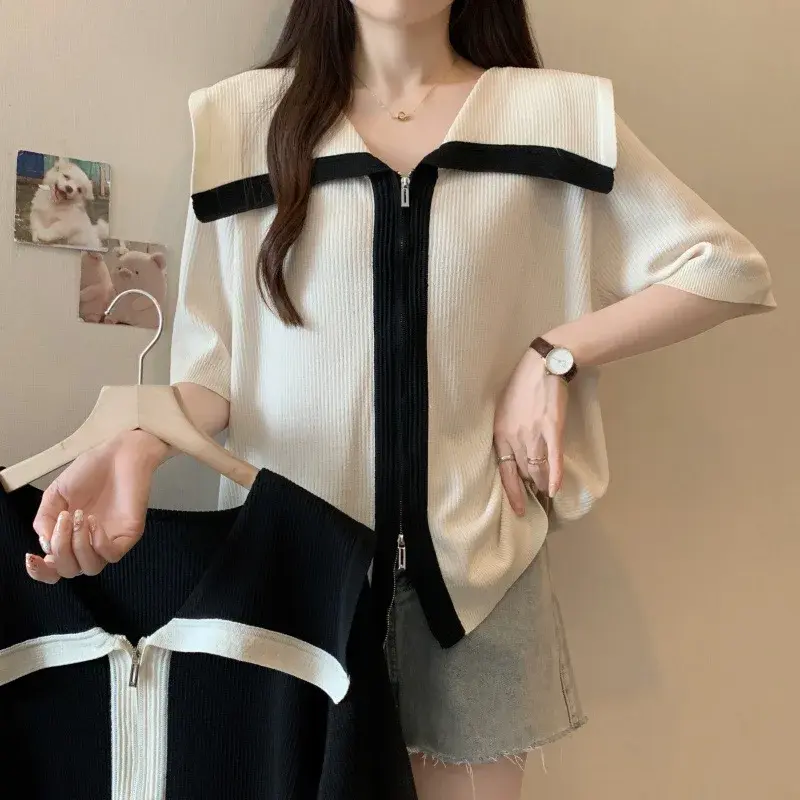 Plus Size Plus Size Ice Silk Short Sleeve Knitwear Loose Fit Slimming Top Double Zipper Design Big Collar Female Fashion Casu...