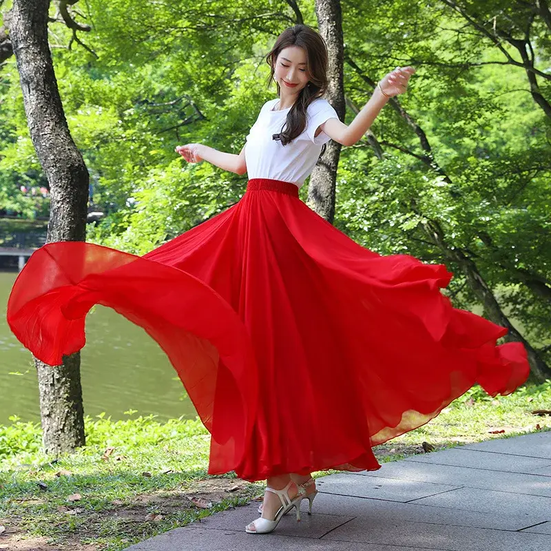 720 Degree Double Layer Large Dance Skirt Red Chiffon Long Dress For Square Dance Performances Summer Season Dance Outfits