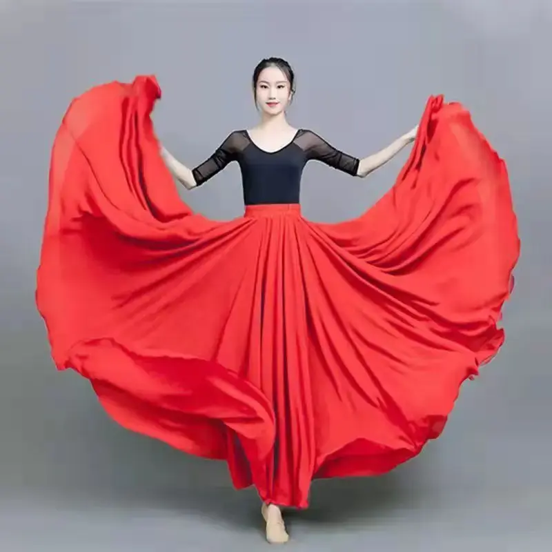 720 Degree Double Layer Large Dance Skirt Red Chiffon Long Dress For Square Dance Performances Summer Season Dance Outfits