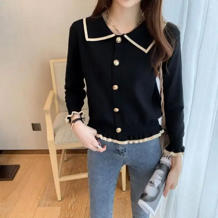 Slim Fit Short Knitted Sweater for Women Long Sleeve Polo Collar Thin Autumn Fashion Outerwear Jacket Cardigan Casual Top