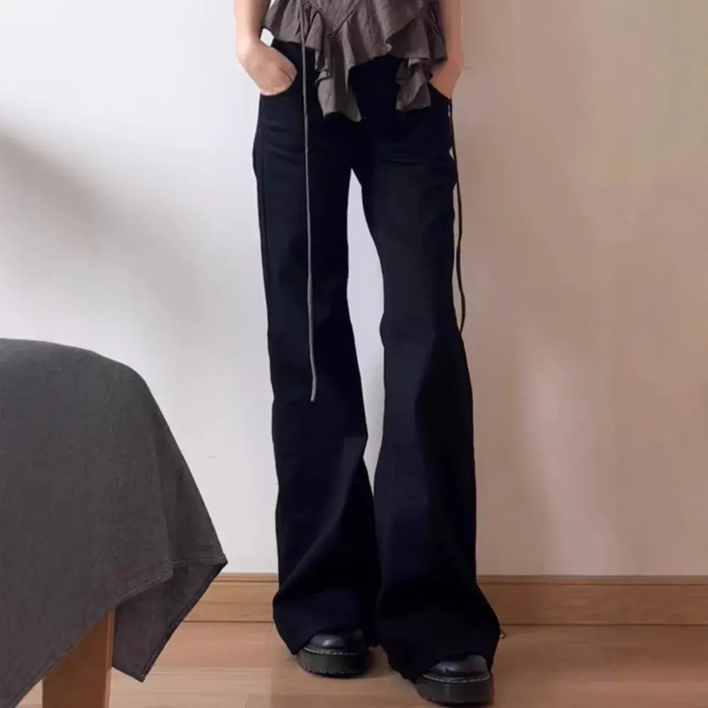 Plus Size American Style Spicy Girl Black Low Waist Wide Leg Micro Flared Jeans Women's Early Autumn Loose Fit Versatile Straigh