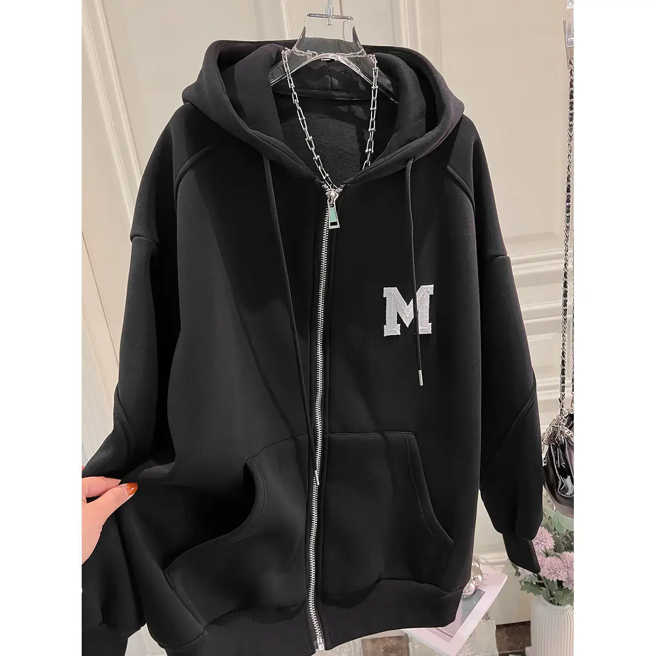 Plus Size Thickened Embroidered Hoodie Women's Autumn Winter Loose Fleece Outerwear Trendy Open Cardigan Sweater