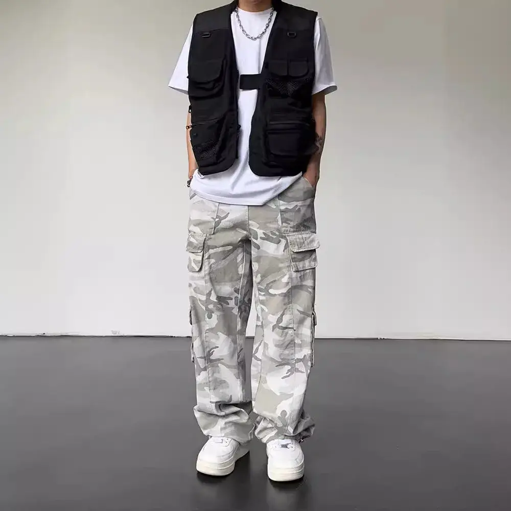Vintage American Style Camouflage Pants Men's Loose Straight Leg Cargo Pants Casual Trousers Hip Hop Streetwear Washing