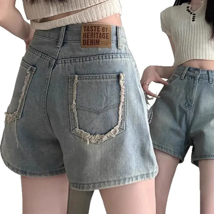 American High Waist Slimming Wide Leg Denim Shorts Women Summer Trendy Design Sense Frayed Skin Tight A- Line Straight Hot Pants