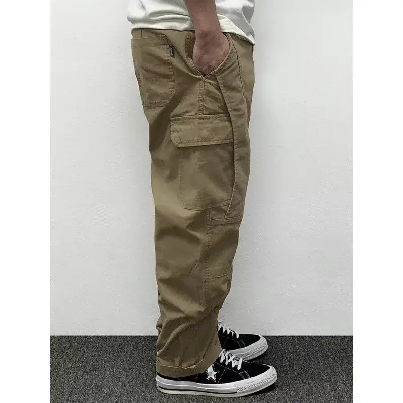 2024 Spring New Men's Pants Multi-Pocket Cargo Pants Vintage Solid Color Simple Loose-Fit Casual Pants
