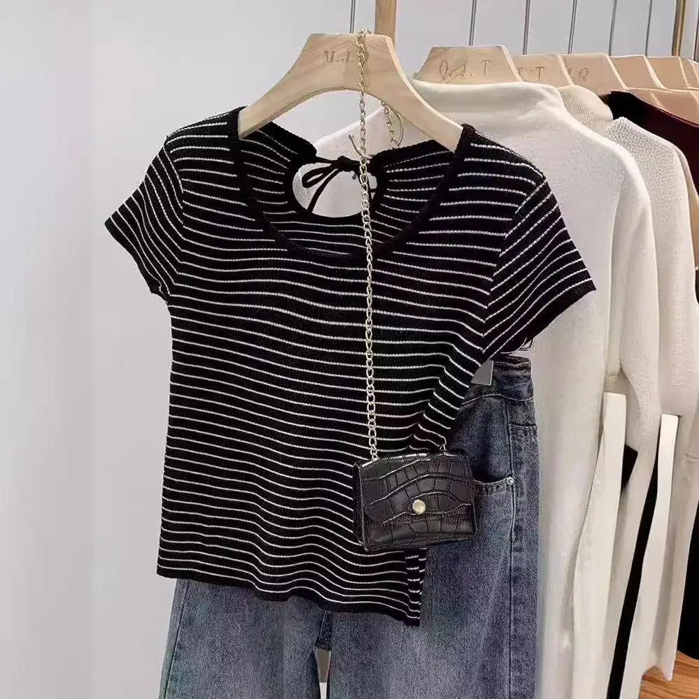 Chic Short Sleeve Knitted Top Women's Summer Fashion Cardi Waist T-Shirt Korean Style Crew Neck Pullover Polyester Fiber