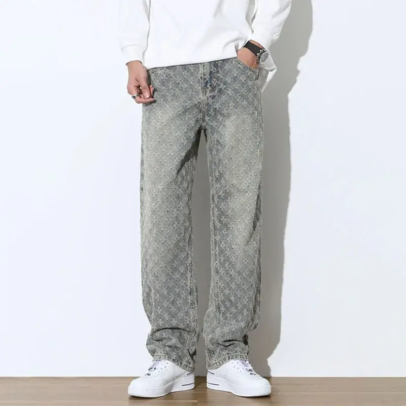 Vintage Style Jacquard Jeans Men's Straight-leg Pants American Style Trendy Brand Matching Casual Streetwear For Summer