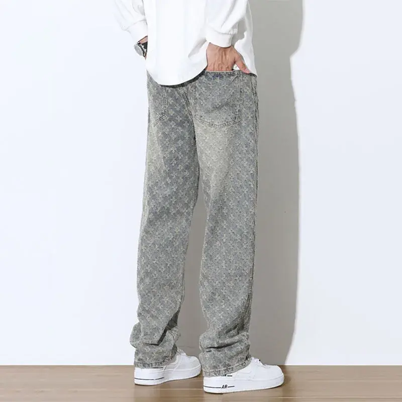Vintage Style Jacquard Jeans Men's Straight-leg Pants American Style Trendy Brand Matching Casual Streetwear For Summer