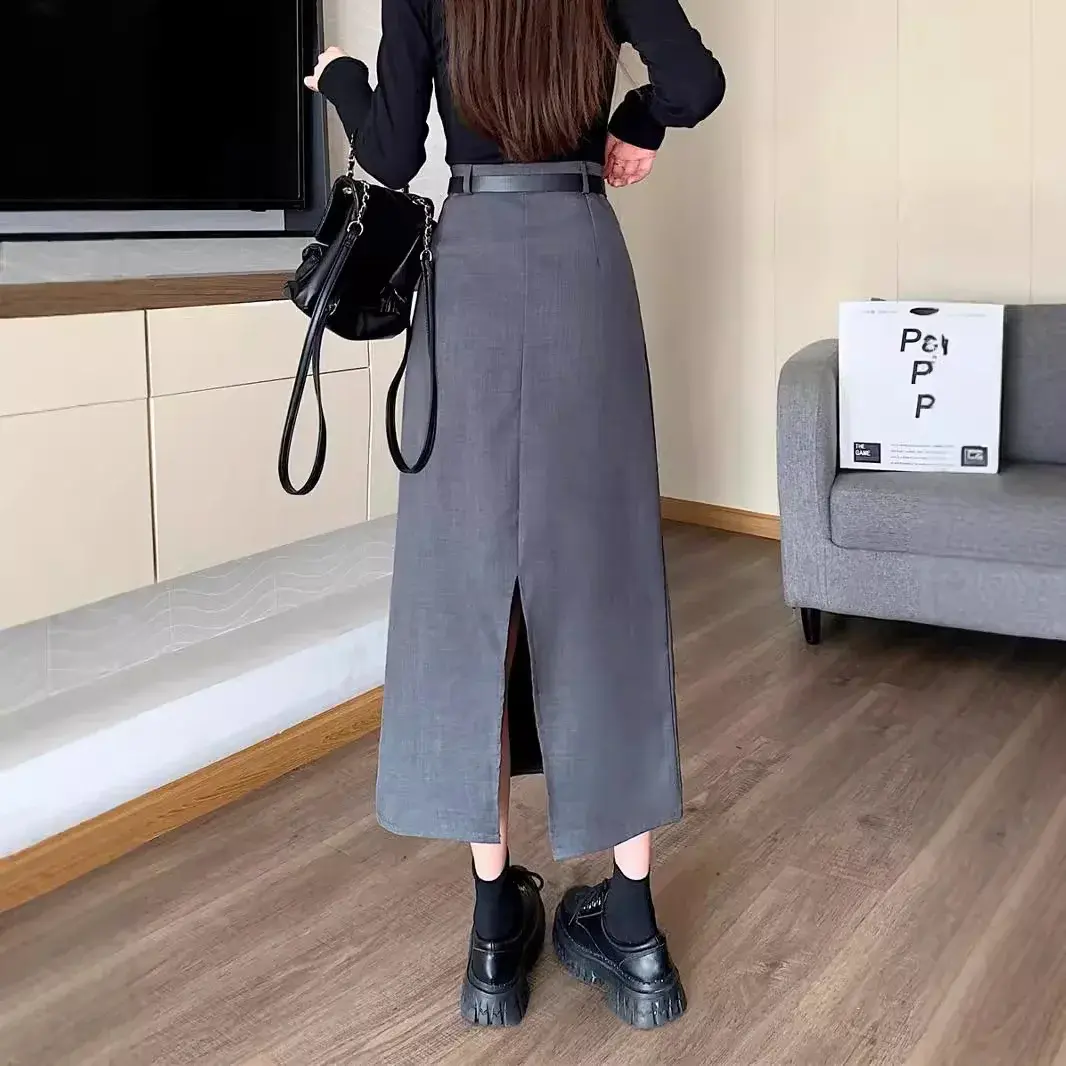 Gray Casual Suit A- Line Mini Skirt High Waist Slim Straight Leg Length Mid-Calf Post Split Hip Concealment Zipper Decor