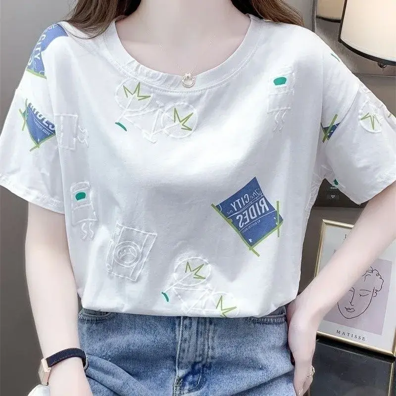 2024 Summer New Style White T-Shirt Women's Short Sleeves Loose Fit Round Neck Printed Top Trendy Korean Version