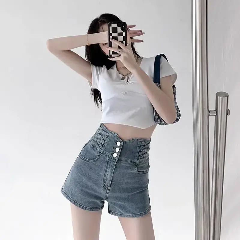 High-Waisted Denim Shorts Women's 2023 Summer New Elastic Slimming Push-Up Waist Slimming Cotton Versatile Shorts