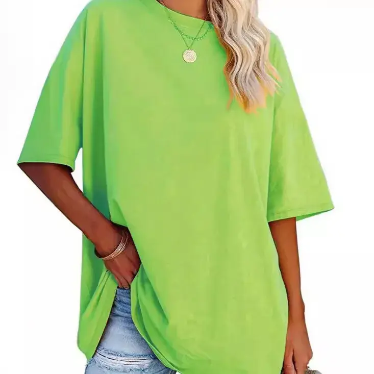 Fashionable Pure Cotton Casual T-Shirt For Women Loose Fit Short Sleeves Solid Color Round Neck Top Summer Amazon Style