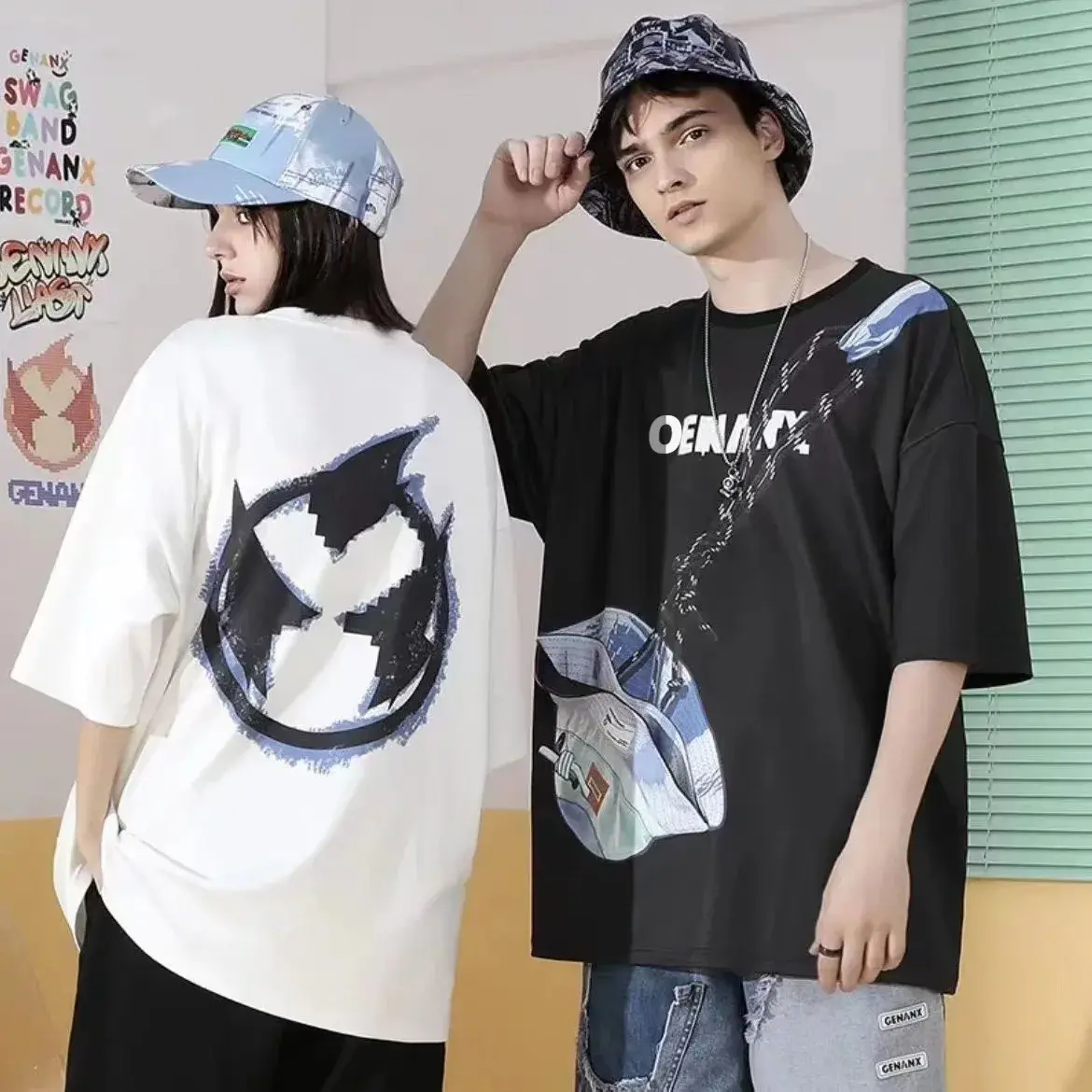 New Trendy Couple Style Loose Short Sleeve Hat with Zipper Pocket Lightning King Casual Comfortable Cotton T-Shirt for Women