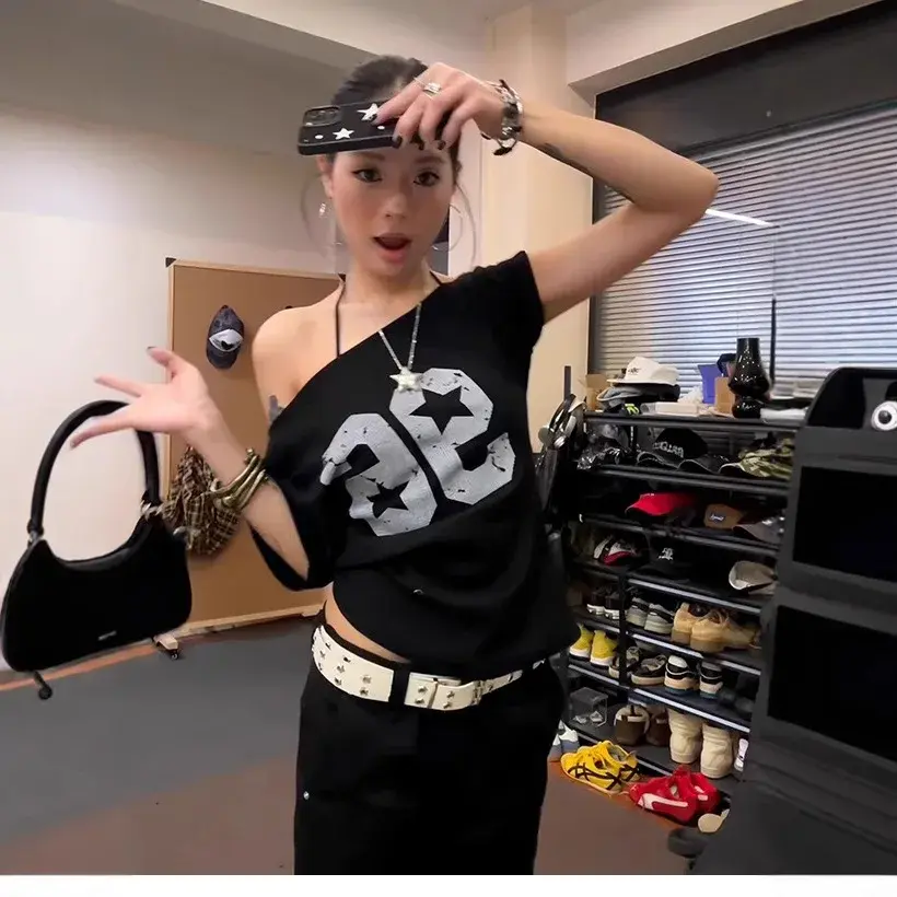 American Style Spicy Girl Shoulder Bared Short Sleeve T Shirt Women Summer New Digital Print Slimming Ball Game Style Top