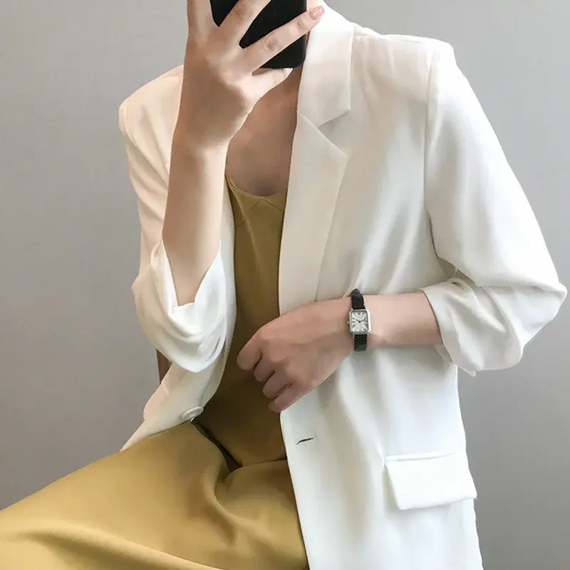 Women's Chiffon Blazer Jacket Thin Summer Drape Loose Casual Mid-Length White Western Style Top Full Sleeve Pure Color