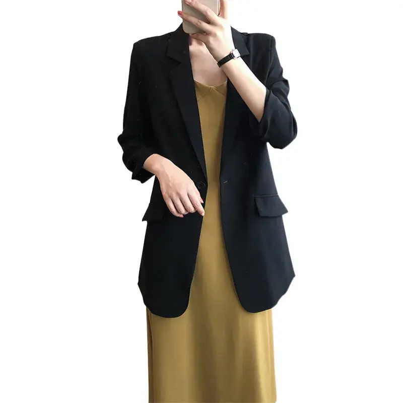 Women's Chiffon Blazer Jacket Thin Summer Drape Loose Casual Mid-Length White Western Style Top Full Sleeve Pure Color