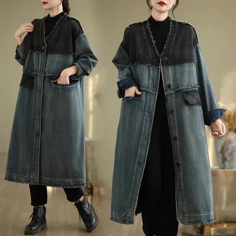 Heavy Duty Washed V-Neck Loose Fit plus Size Retro Casual Denim Jacket Women Trendy Coat with Frayed Hem Mid-Length Outerwear