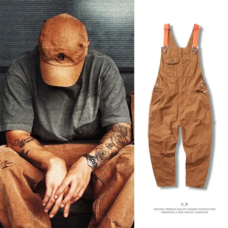 2024 Summer Vintage Workwear Color Block Denim Pants Loose Fit Straight Leg Casual Overalls Trendy For Men Women