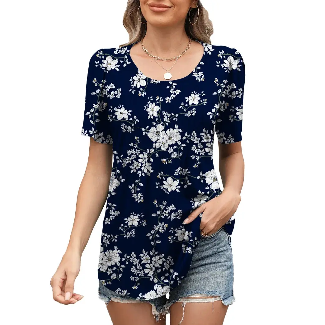 Spring Summer New Loose round Neck Pleated Floral Print Short Sleeve Women's Top Silk Material Crew Neck T-shirt Female Fashion