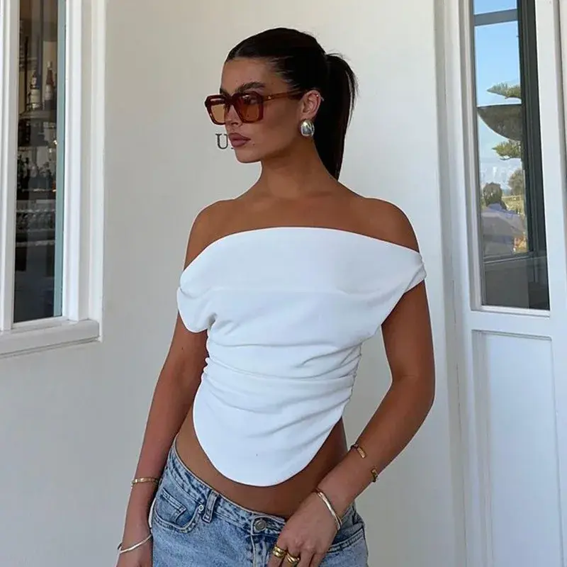 Summer 2024 New JF24107 Off-Shoulder Slim Fit T-Shirt European And American Style Slimming Top For Men And Women