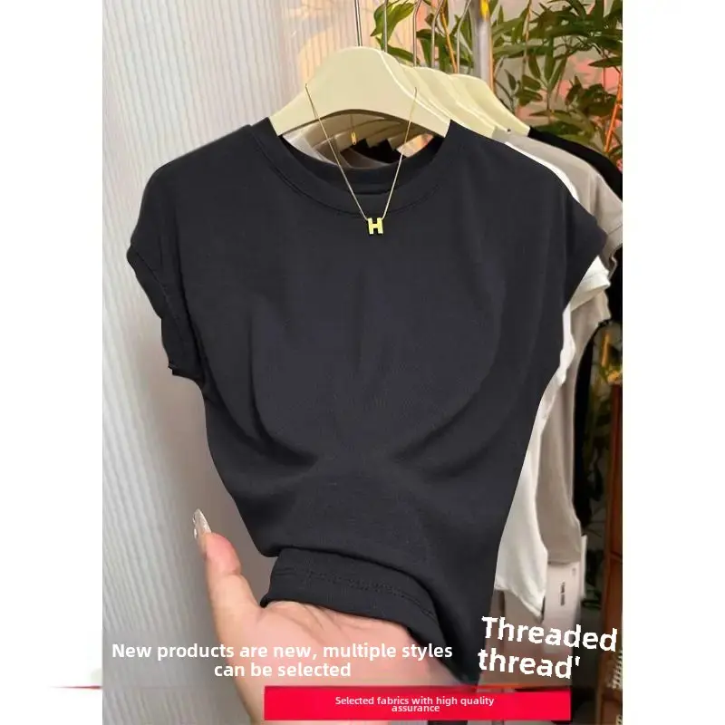 Black Short Sleeve Slim Fit T-Shirt Women's Summer Design Unique Style Pure Color Small Flying Sleeve Top for Spicy Girls