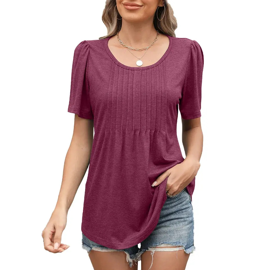 Spring Summer New Loose round Neck Pleated Floral Print Short Sleeve Women's Top Silk Material Crew Neck T-shirt Female Fashion